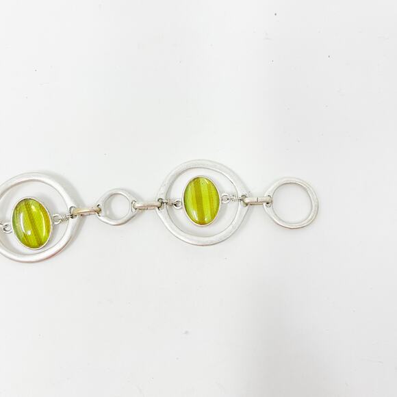 Boutique Silver Tone and Green Yellow Gemstone Bracelet Circle Toggle Closure - Picture 2 of 10